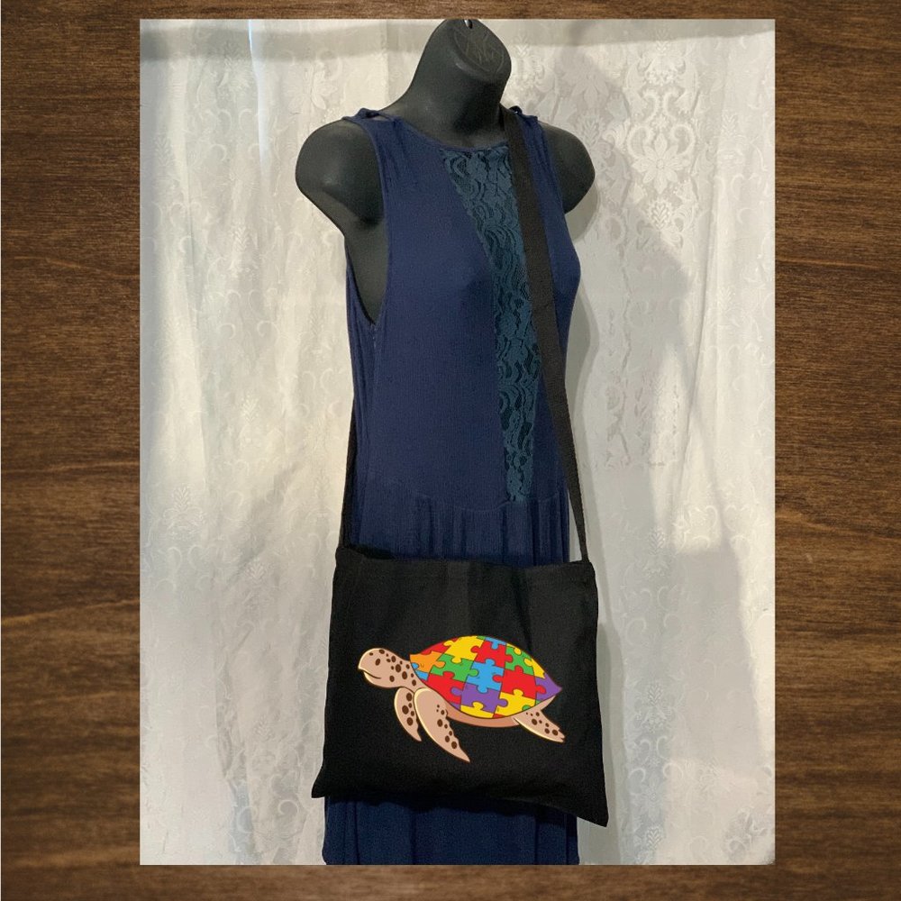Autism Turtle Small Crossbody Messenger Canvas Tote Bag with Long Strap